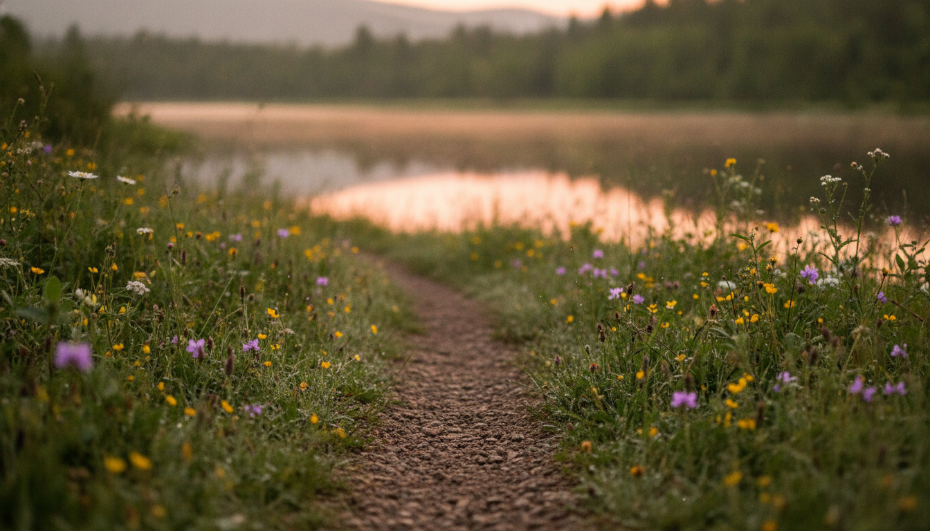 Tæt på natursti med blomster og græs ved vandsø omgivet af skov ved gyldent lys.