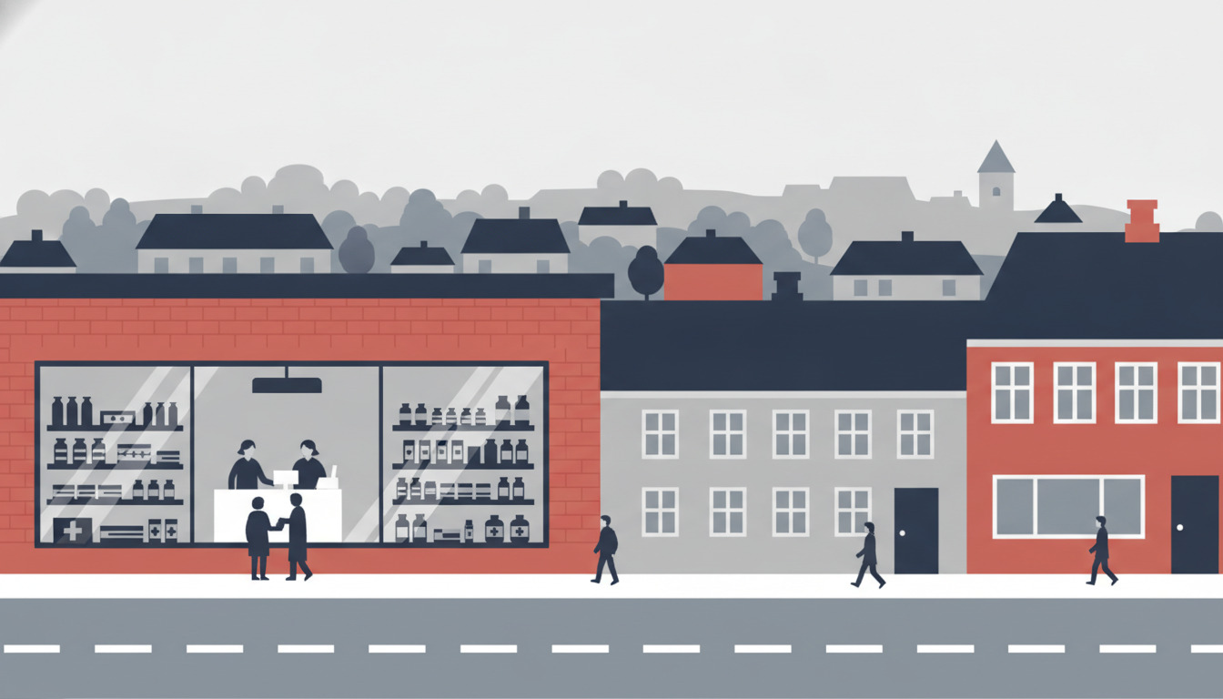 Et lokalt apotek på Skælskør bymidte med store vinduer, hylder med medicin og produkter, farmaceut og kunde ved disk, omgivet af traditionelle danske bindingsværkhuse og tage.