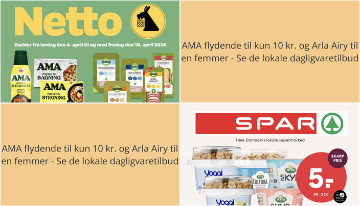 AMA flydende til kun 10 kr. og Arla Airy til en femmer - Se de lokale dagligvaretilbud
