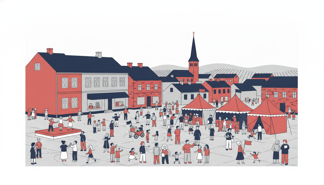 Livligt sommerkarnaval på Bryrup byplads med farverige telte, en central sceneplatform, festlig folkemængde og det beskedne kirketårn hævet over lokale rødstensbyggerier i baggrunden.