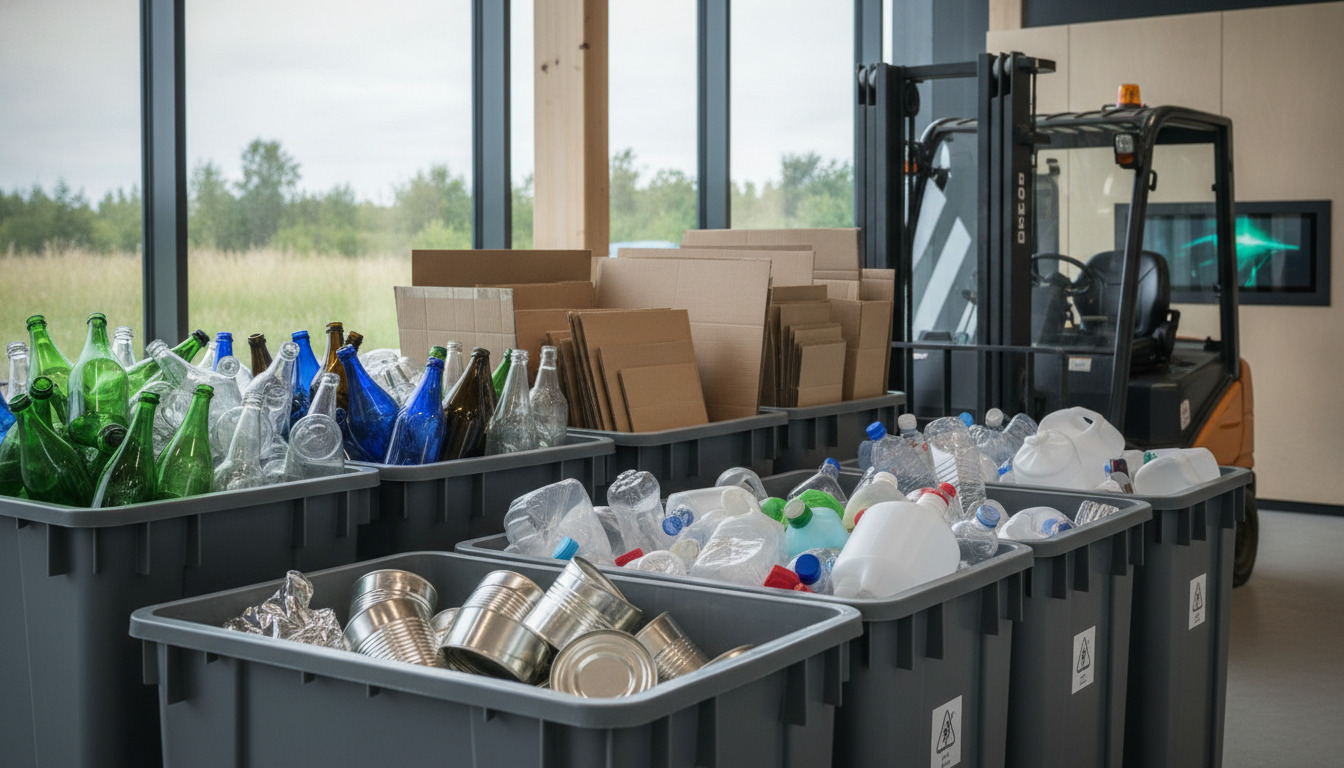 Sorterede genanvendelige materialer — glasflasker, metal og plastik — i separate sorteringsbeholdere.