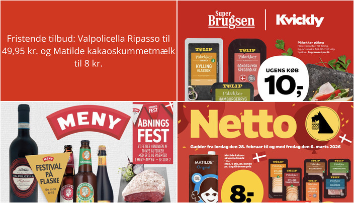 Fristende tilbud: Valpolicella Ripasso til 49,95 kr. og Matilde kakaoskummetmælk til 8 kr.