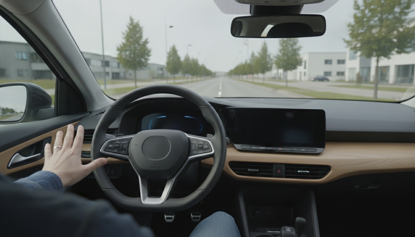 Tæt billede af et bilrat og dashboard med chauffør bag rattet under køring i dagslys.