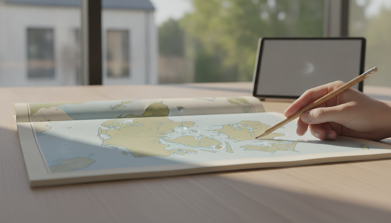 Hånden holder en blyant over et åbent atlas med et kort, på et skrivebord ved et vindue.
