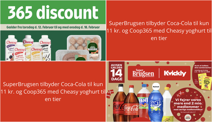 SuperBrugsen tilbyder Coca-Cola til kun 11 kr. og Coop365 med Cheasy yoghurt til en tier