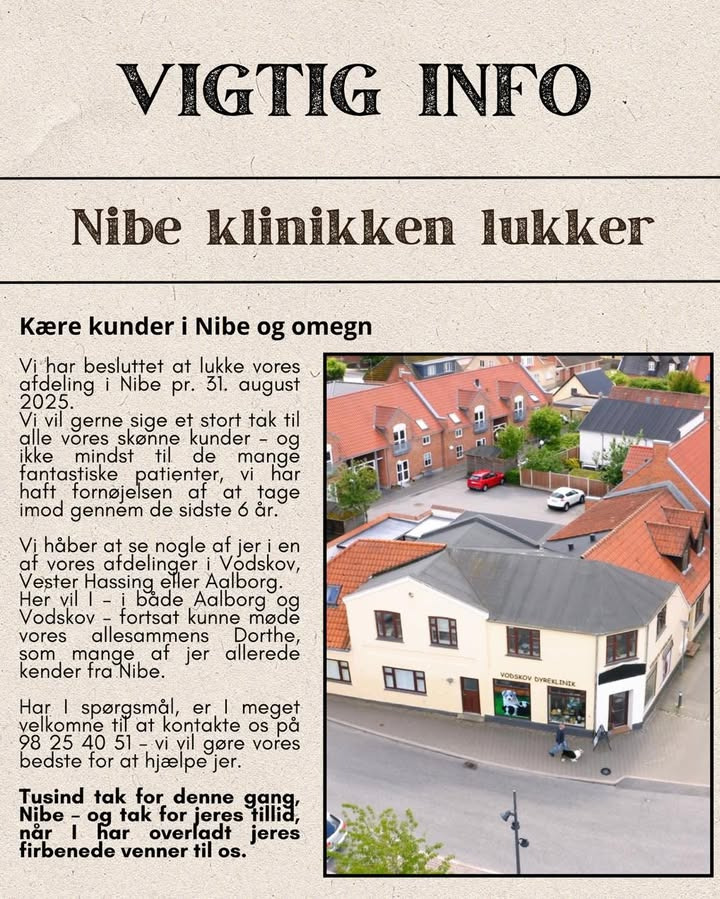 Vodskov Dyreklinik v/Thorstein Arnason lukker afdeling i Nibe i 2025