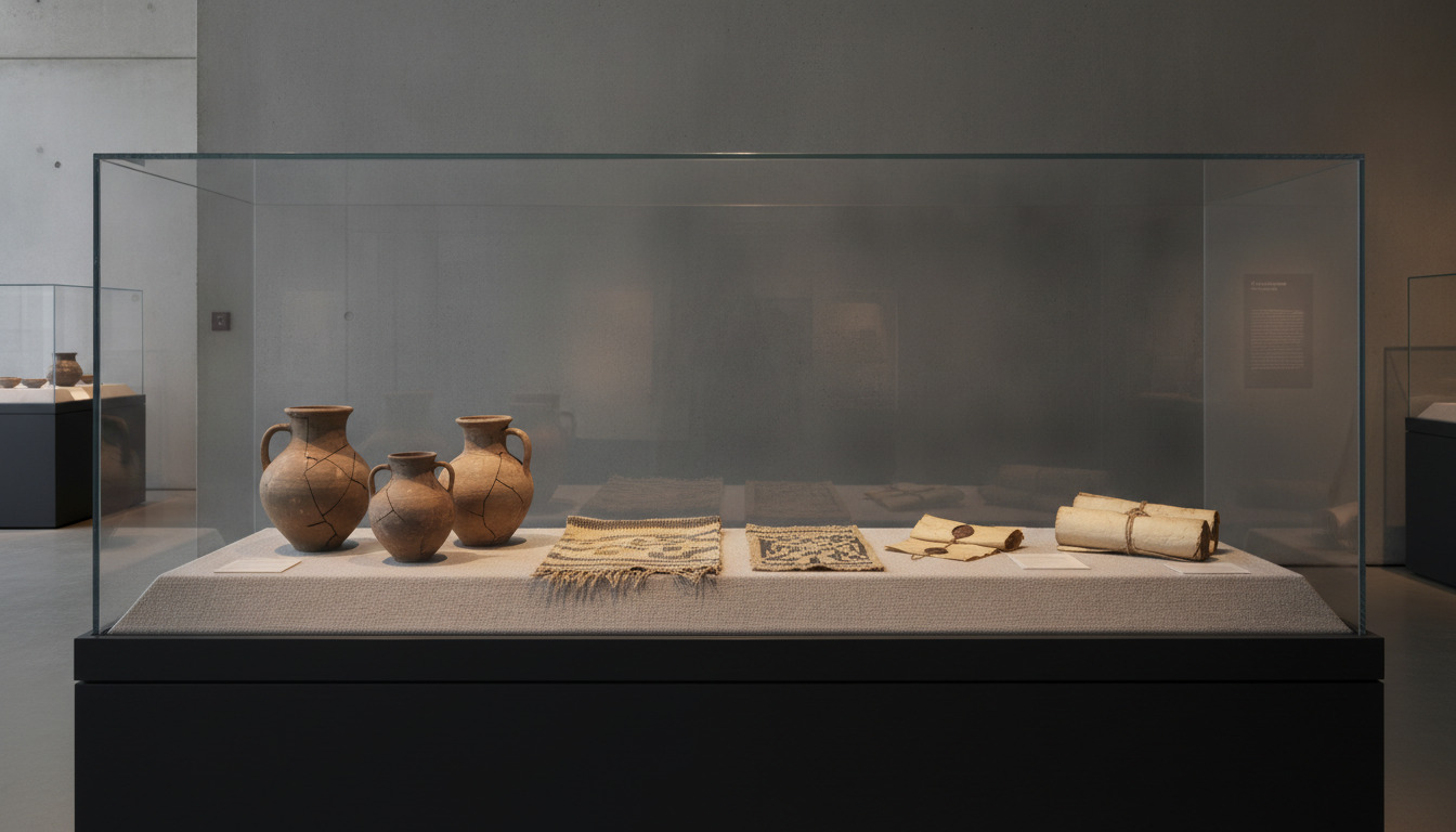 Historiske keramikkar og tekstilfragmenter på museumsdisplay med blidt gallerilys.