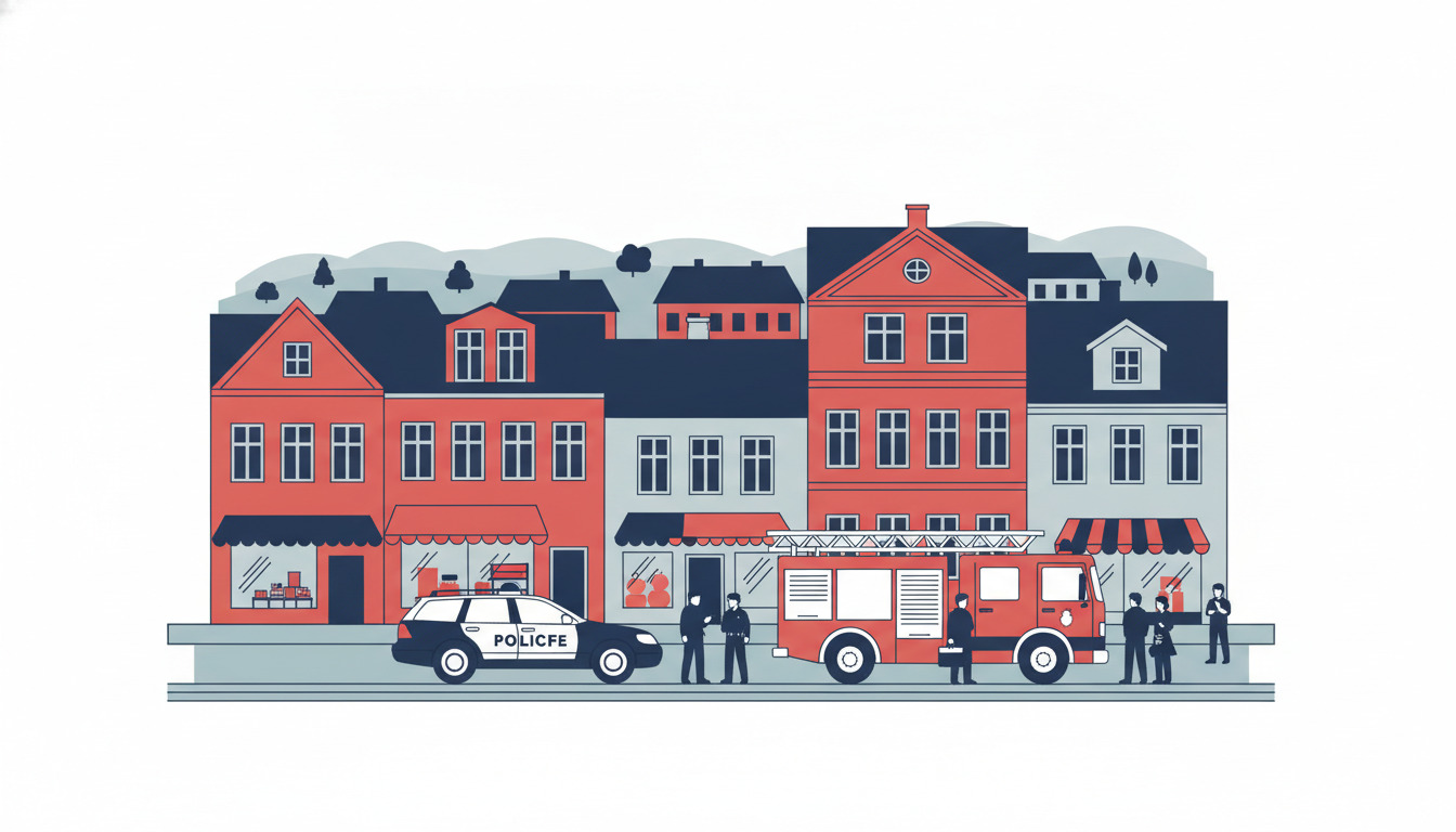 En politibil og brandbil parkeret sammen på en Næstved-gade med uniformerede betjente og brandmænd, symbolisering det lokale beredskapssystem.