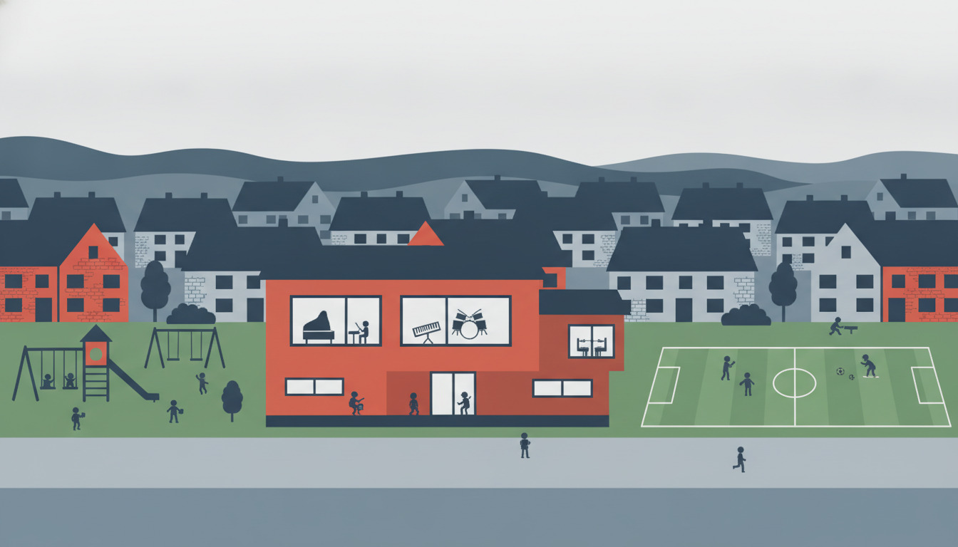 Flad vektorillustration af en moderne dansk grundskole med lyserød-orange facade, store vinduer, der viser musikinstrumenter, omgivet af beboelsesbygninger, legepladser og en fodboldplads i forstaden Albertslund.