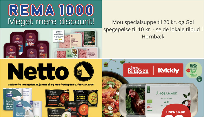 Mou specialsuppe til 20 kr. og Gøl spegepølse til 10 kr. - se de lokale tilbud i Hornbæk