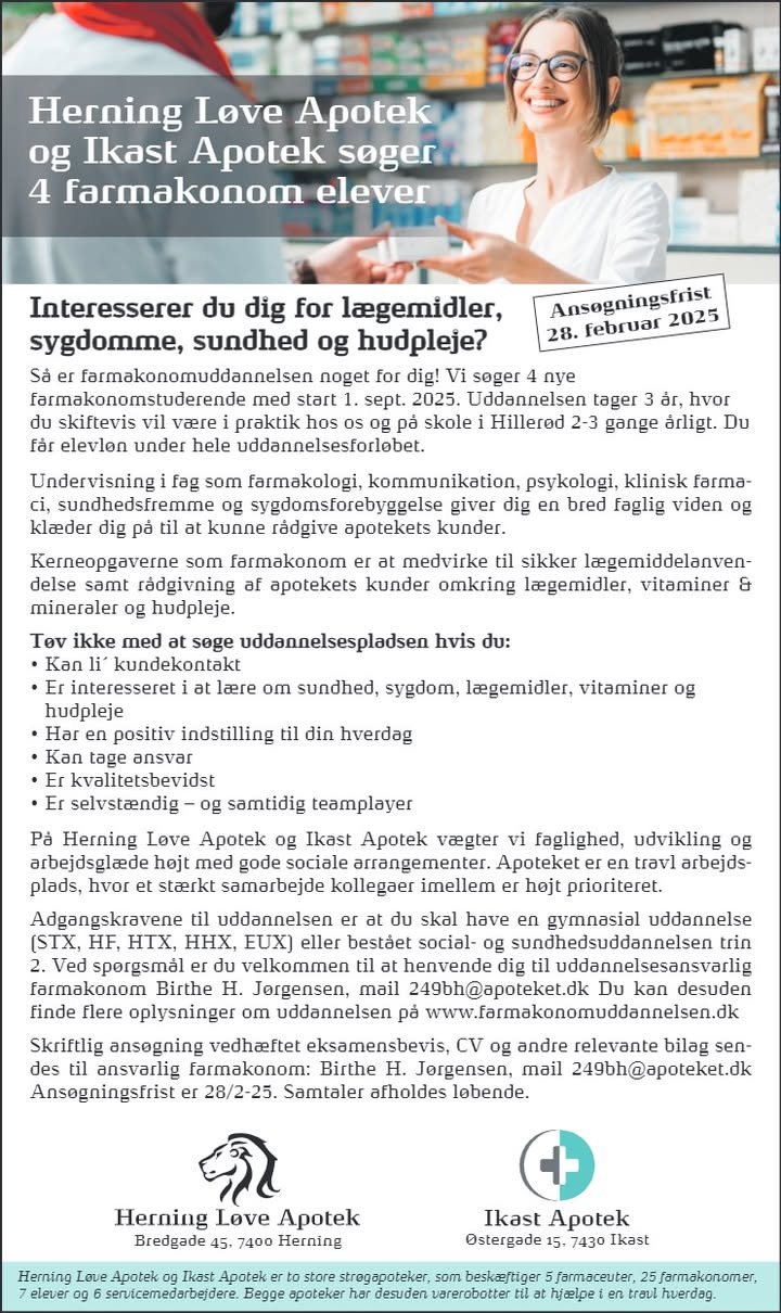 Herning Løve Apotek søger nye farmakonom-elever til september 2025