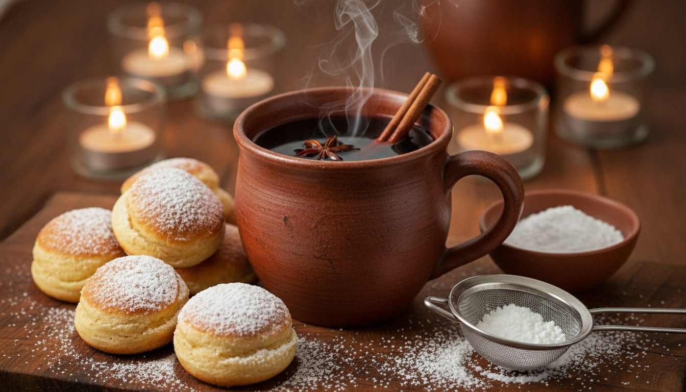 Tæt optagelse af dampende gløgg i lerkarret med kanel og stjerneanis, omgivet af æbleskiver med flormelis og stearinlys i varmt lys.