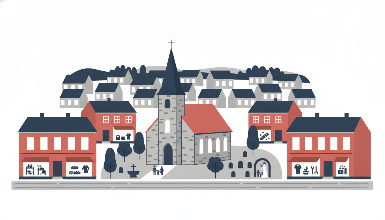 En traditionel dansk sognekirke med karakteristisk steeple og stenarkitektur som centerpiece, omgivet af kirkegård med gravsten og træer, samt røde borgerhuse og samfundsliv i baggrunden.