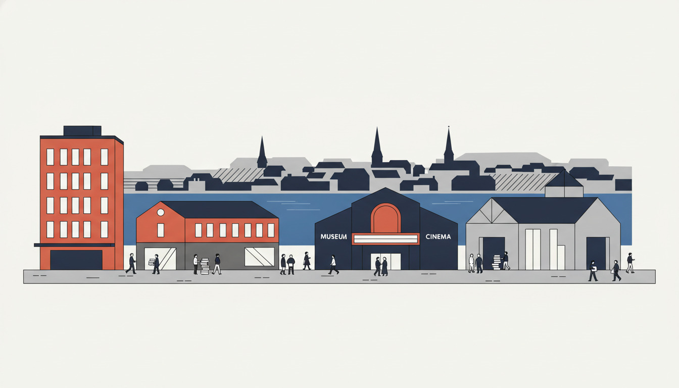 Flat-vektor illustration af Maribos kulturelle kvarter: rødt mursteens biblioteksbygning, traditionel rødt tagdækket biblioteksanneks, mørkt museum med buet indgang, biograf med skilte, lysegrå kulturhus, alle fronting Maribo Sø med kirkespir derudover og fodgængere.