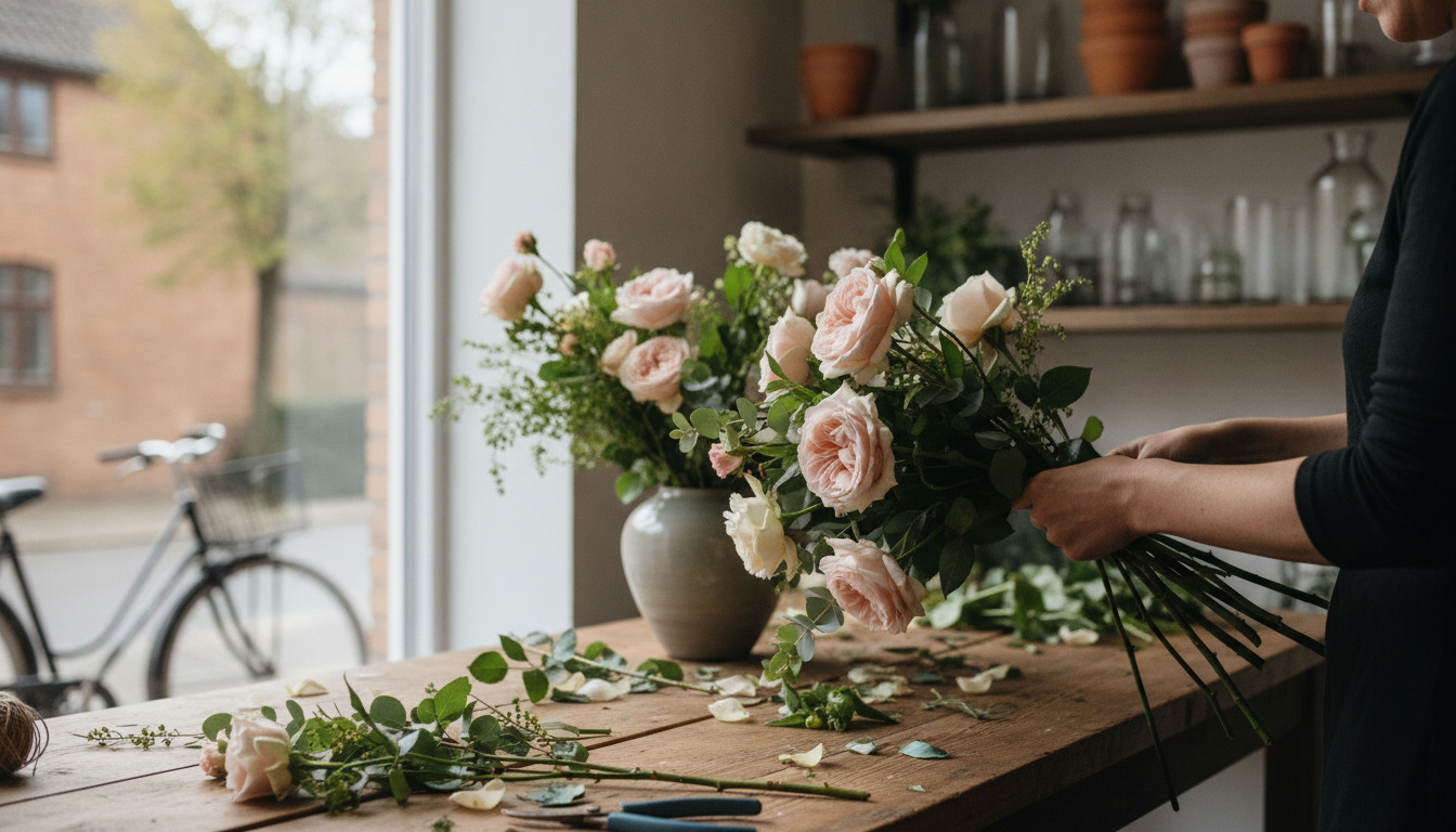 Blomsterarbejder fixer roser og grønt i vase på træbord i varmt dagslys.