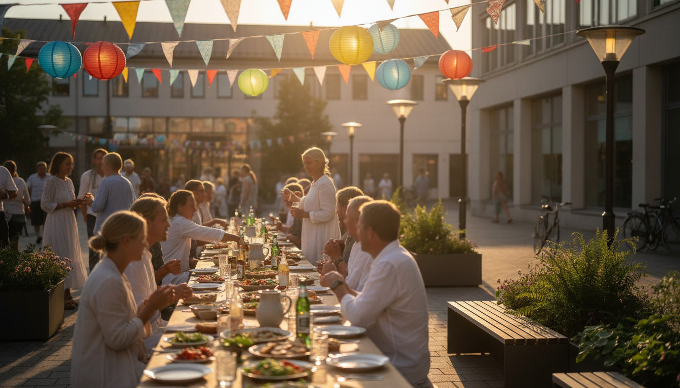 Abstrakt detail af sommerfest med farverige lanterner, borddekkede borde og mennesker i sommertøj ved en udendørsfest.
