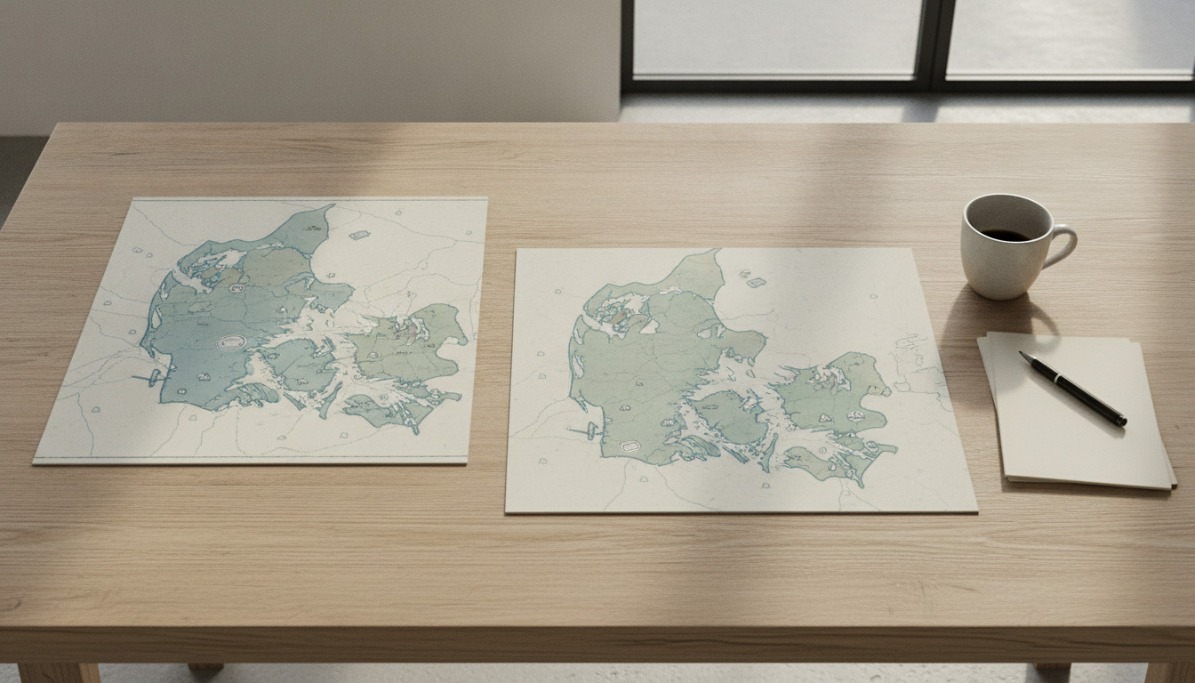 Topview af to kort på træbord med kaffekop og notesbog i dagslys – sammenligning af byplaner.