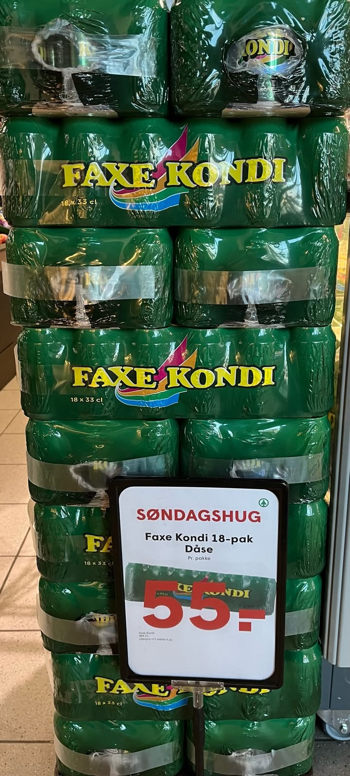 Søndagstilbud fra Spar Fårup: 18 pk Faxe Kondi til 55 kr plus pant i dag