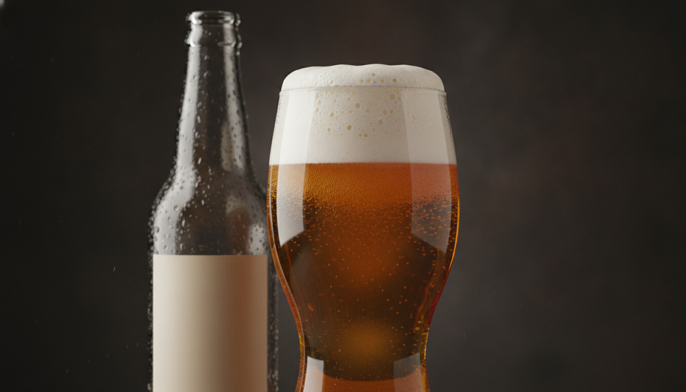 Ølglas med gylden skum og ravamberolieud mod mørk baggrund ved siden af en flaske.