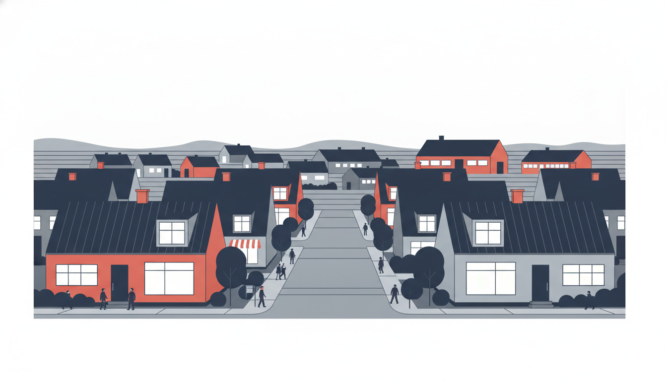 Fladvektorillustration af en dansk boliggade med fritstående enfamiliehuse med spidselsedage, store vinduer og karakteristisk arkitektur. Trébevokset stille vej med fodgængere, landligt landskab synligt i baggrunden.