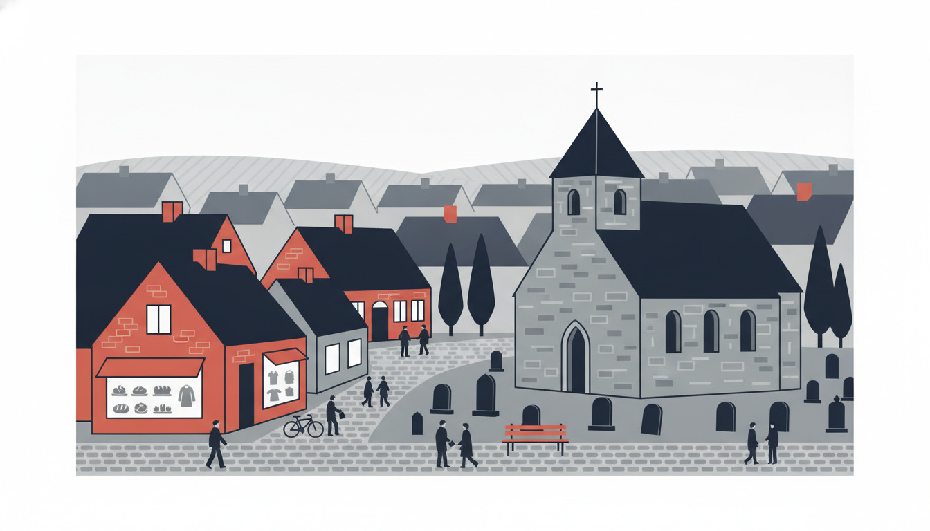 Flad vektorillustration af en kirke fra det 12. århundrede i romansk stil med grå feltsten-mure, lille klokketårn med kors, buede vinduer og kirkegård med gravsten. Landsbybuttikker og huse omgiver scenen i en dansk landlig setting.