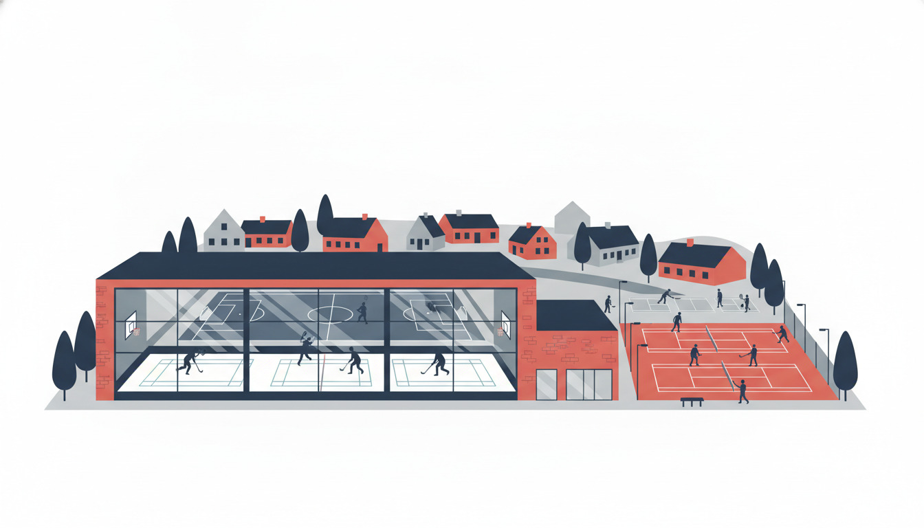 Fladtvektorillustration af et dansk landsbysportsanlæg med indendørs badminton-/floorballhal, udendørs fodboldbane, tennisbaner og boligbygninger med røde tegltage omkring anlægget.