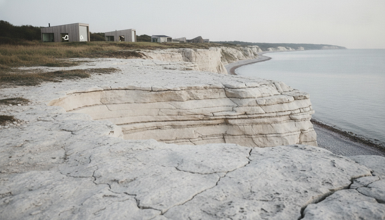 Nærhedsbillede af lagdelt, eroderet kalksten med fine revner og geologiske teksturer i nordisk lys.