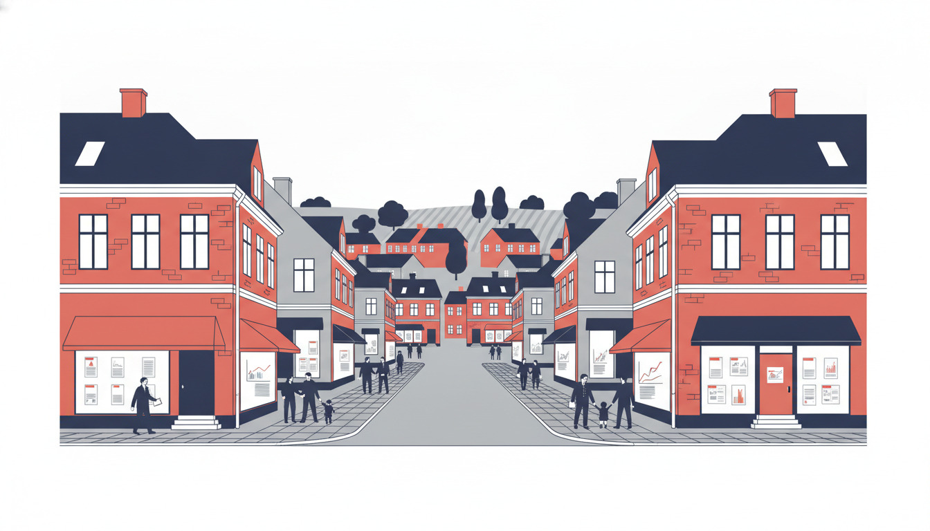 Flad vektorillustration af en dansk bygate i Galtén med røde mursten ejendomsmæglerkontorer, der viser ejendomsannoncer, traditionel arkitektur, fodgængere og boligbygninger langs et centralt torv.