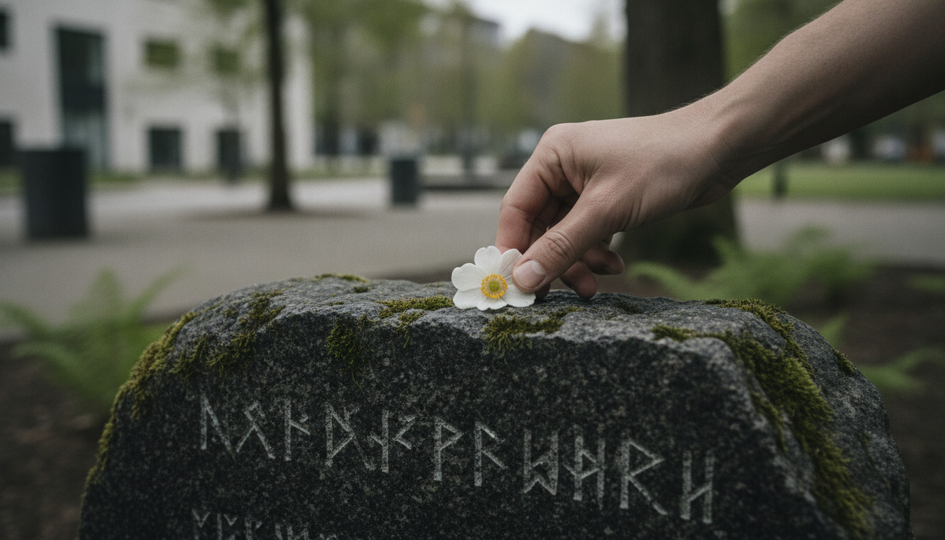 Hånd lægger hvidt blomst på moss-dækket stenmonument som tegn på mindedagen.