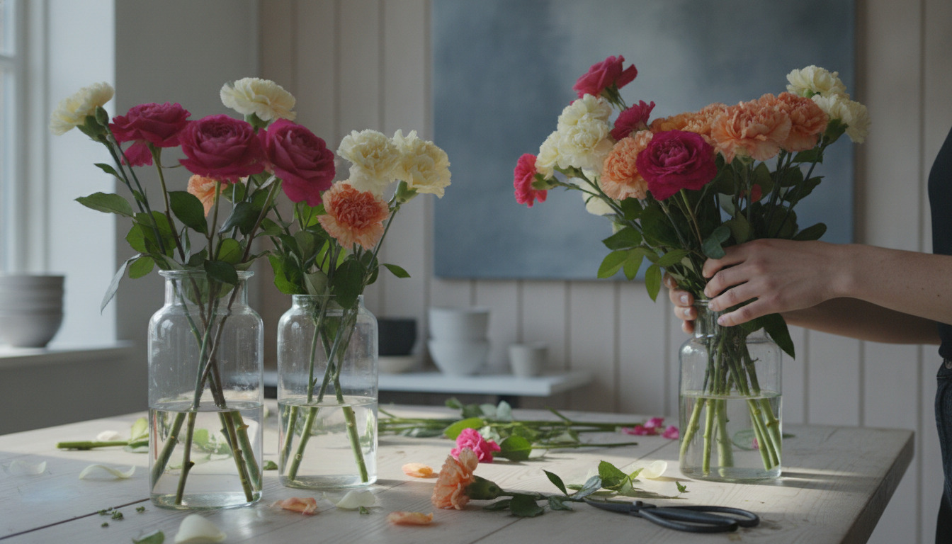 Detaljebillede af fersktskaaret blomsterstængler i klart vand og hænder, der arrangerere en farverig blomsterbuket.