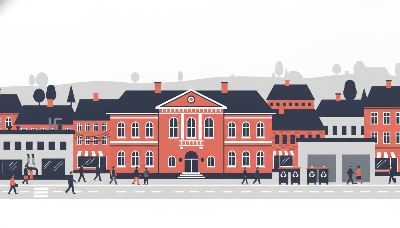 Flad vektorillustration af et dansk torv med en fremtrædende rødt-mursten neoklassicistisk rådhus med hvide omramninger og bueformede vinduer, flankeret af offentlige bygninger og genanvendelsescontainere, med fodgængere og træer i et stiliseret gadebillede.