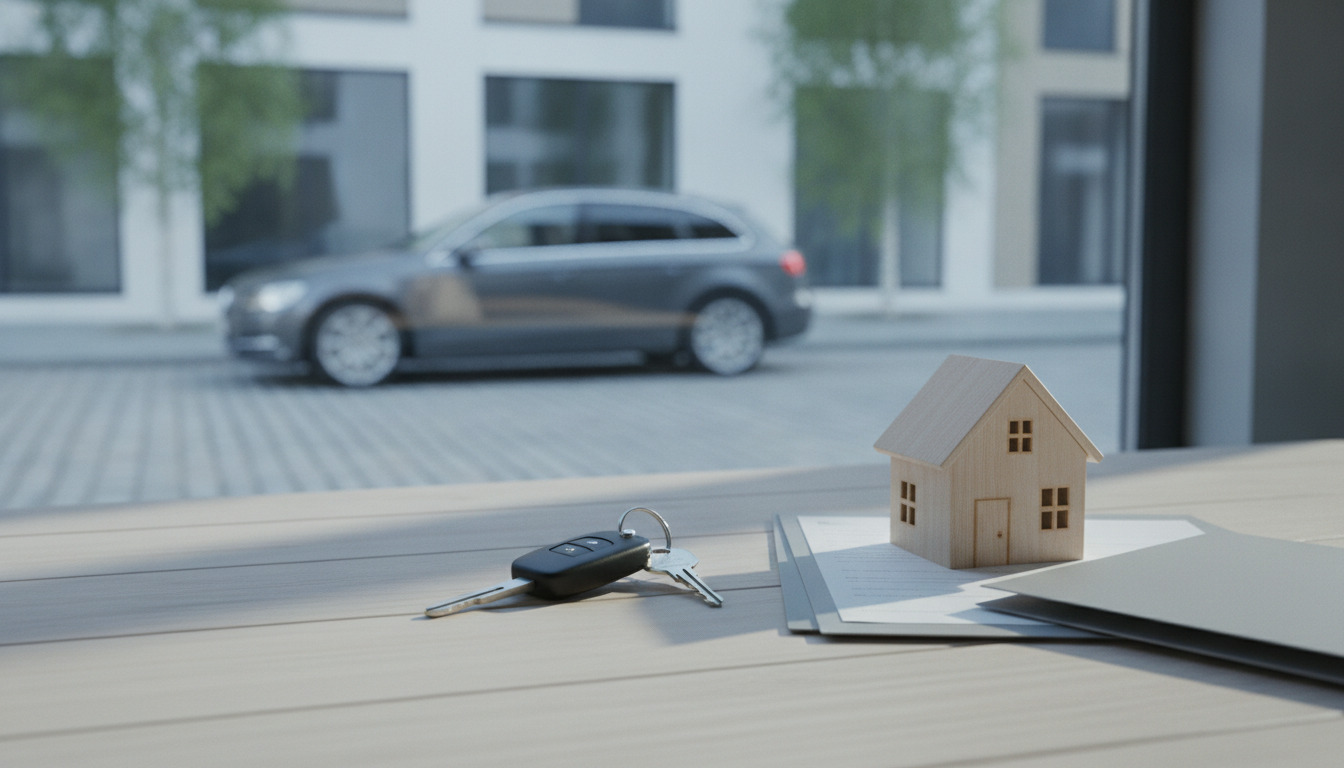 Billænøgler og model-hus på skrivebord med dokumenter i dagslys.