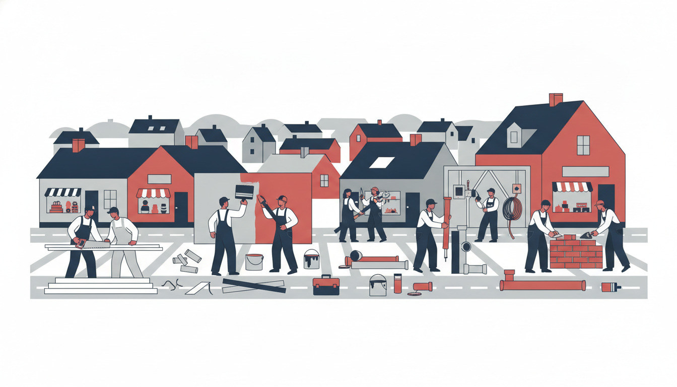 Flad vektorillustration af håndværkere, der arbejder i Langå: snedkere, malere, VVS-installatører, elektrikere og murere, der er i gang med byggeri og renovering blandt røde mursten- og grå boligbygninger med mørke tage.