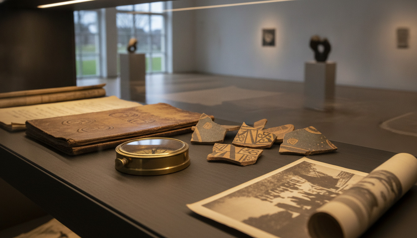Lukket optagelse af museale genstande på mørkebord: læderbundet bog, messingkompass, keramikskår og historisk foto.