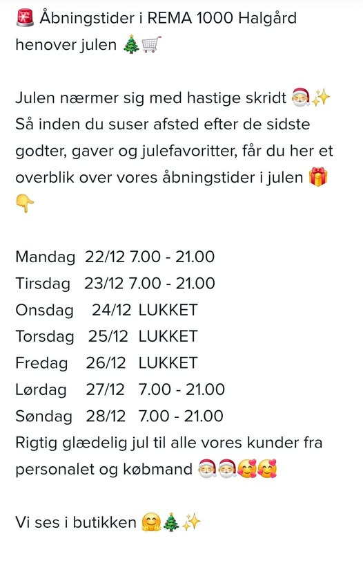 Rema 1000 Halgårdvej annoncerer åbningstider for julen og ønsker kunderne en glædelig jul