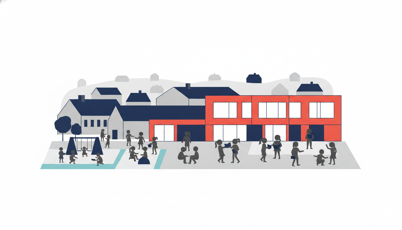 Flad vektorillustration af Børneby Nord skole i Allingåbro: Moderne bygning i lyse røde og mørkeblå farver med store vinduer, børn der leger i forgrunden, traditionelle huse med grå tag i blød baggrund.