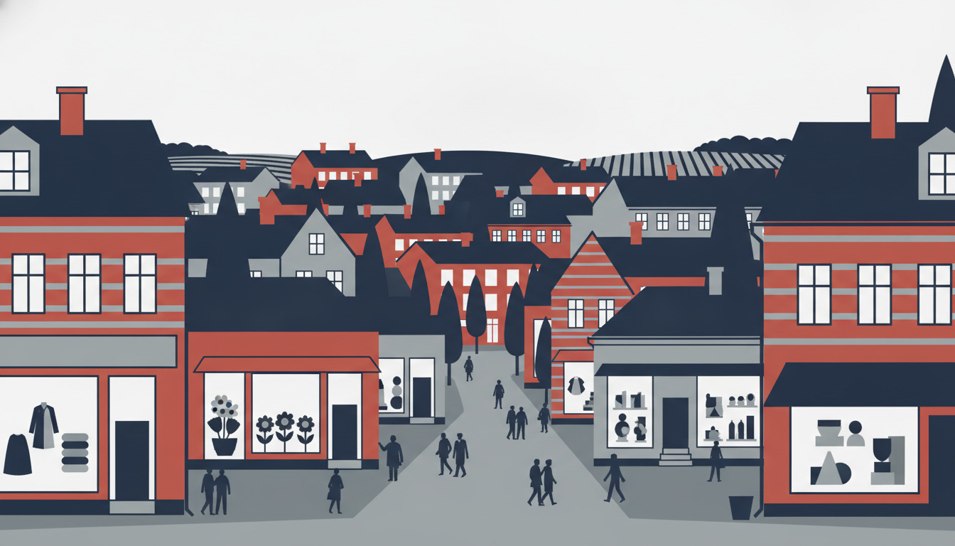 Livlig gågade i Fredericia med røde mursteinsbutikker, store butiksvinduer med tøj og blomster, markiser, gående shoppere og karakteristiske danske bygnisfacader i marineblå og terracotta.