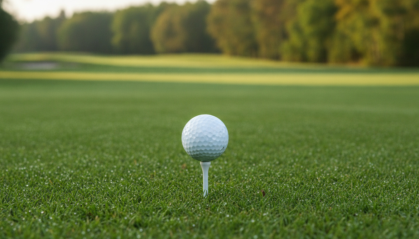 Golfbold på tee i kort græs med sløret baggrund af fairway og træer.