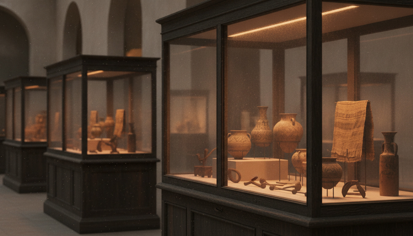 Museumsvitrine med varmligt belyst keramik og metal-artefakter bag glas i tæt beskæring.
