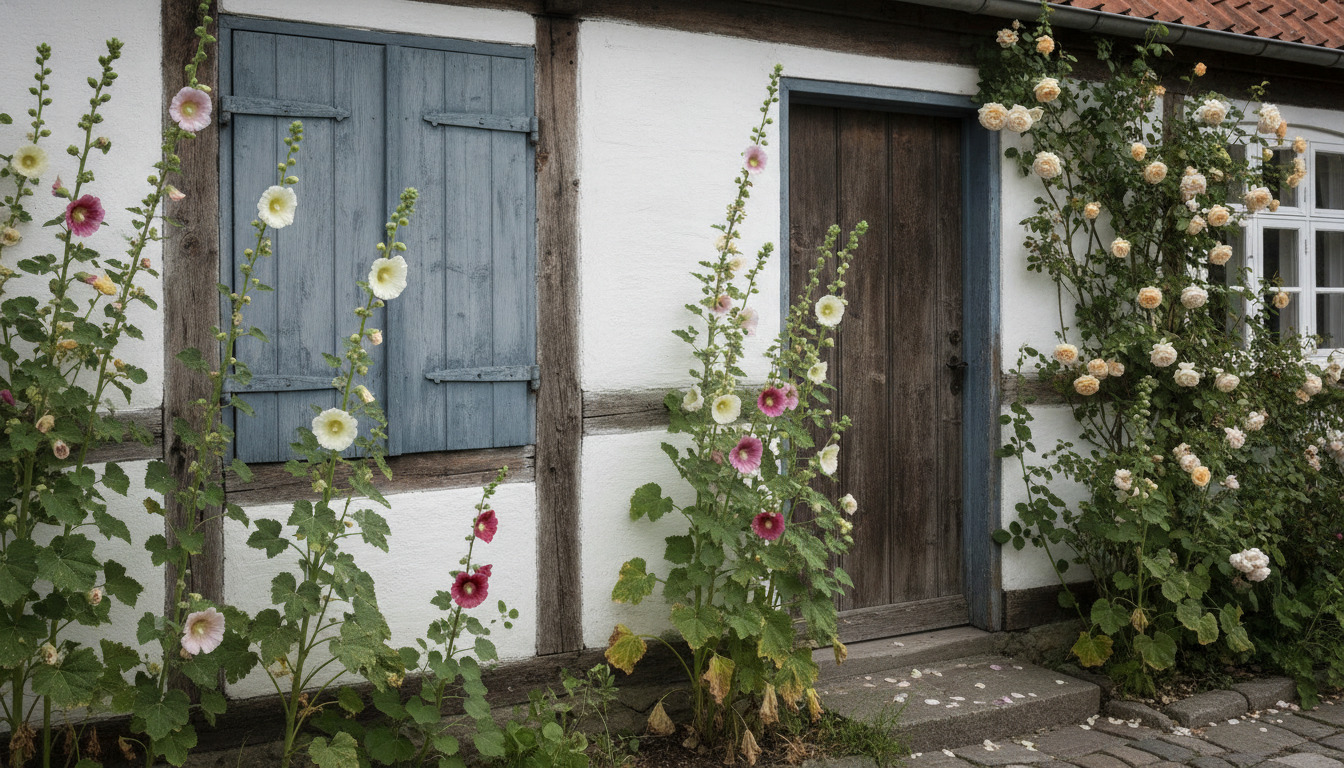 Farverige stauder og klatreroser blomstrer mod hvid puds og træskuring på en traditionel nordisk hytte.