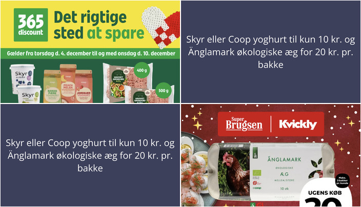 Skyr eller Coop yoghurt til kun 10 kr. og Änglamark økologiske æg for 20 kr. pr. bakke