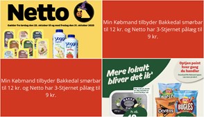 Min Købmand tilbyder Bakkedal smørbar til 12 kr. og Netto har 3-Stjernet pålæg til 9 kr.