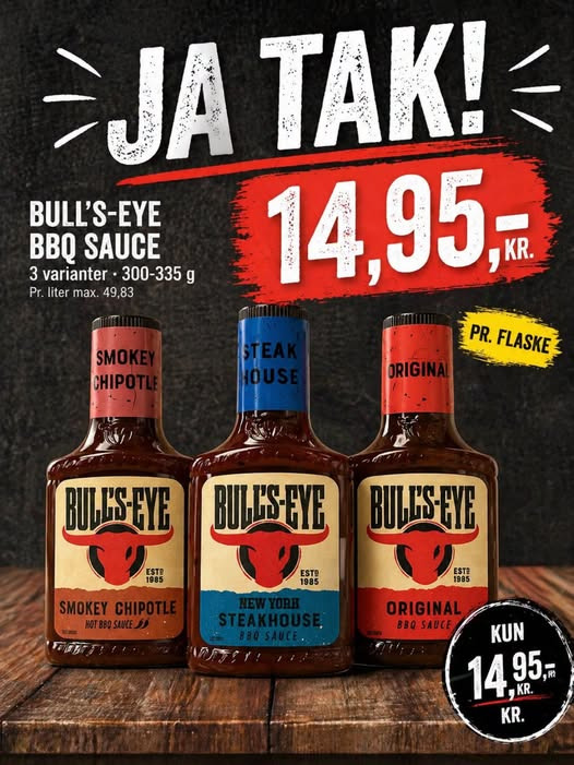 SPAR Valsgård sælger Bulls-Eye BBQ Sauce til 14,95 kr. pr. flaske