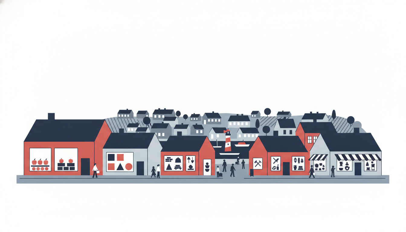 En charmerende flat-vector illustration af en dansk kysthandelsstrøde i Allinge med farverige butiksfacader med røde og hvide bygninger, forskellige butiksvinduer der viser frugt og grønt, værktøj og lokale varer, små figurer der handler, og et fyrtårn synligt i havnebaggrunden.