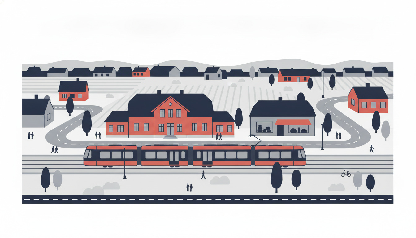 Stiliseret flade vektorillustration af Ryomgård Station med et rødt-og-grå letbane-trikotage, der ankommer på dobbeltsporet, omgivet af den historiske stationsbygning, beboelseshuse, træer og det kuperede landskab i Syddjurs Kommune.