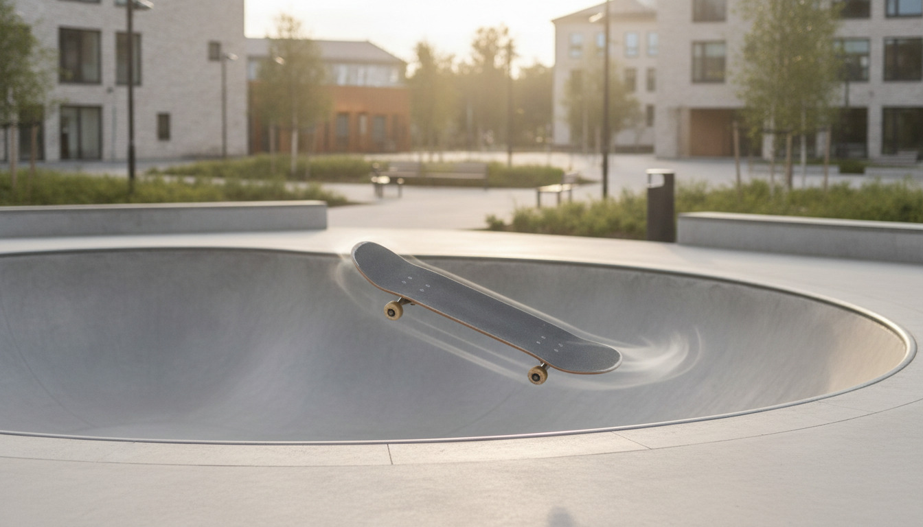 Skateboard på glat betonbowl med kurvet overgang og skyggespil fra nordisk dagslys.
