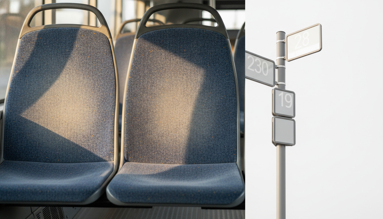 Businteriør med blå sæder oplyst af naturlys, samt utydeligt busstopskilt i baggrunden.