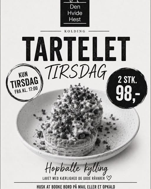 Den Hvide Hest Kolding serverer 2 tarteletter med Hopballe-kylling for 98 kr. hver tirsdag