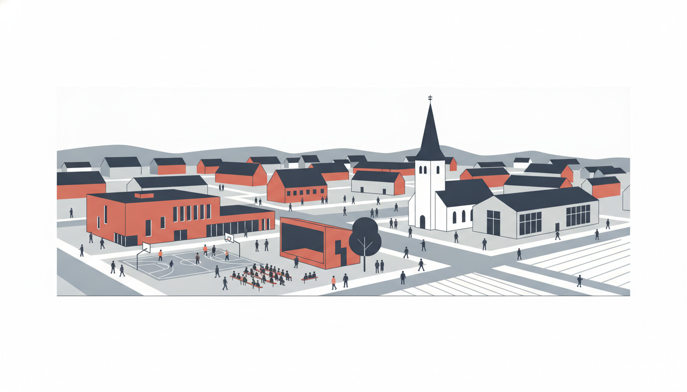 Ejstrupholms kulturelle centrum: rødt mursten rådhus med sportsbane, hvid kirke med høj spir og lokalsamfundsforsamling på et livligt torv med mennesker engageret i kulturelle aktiviteter.