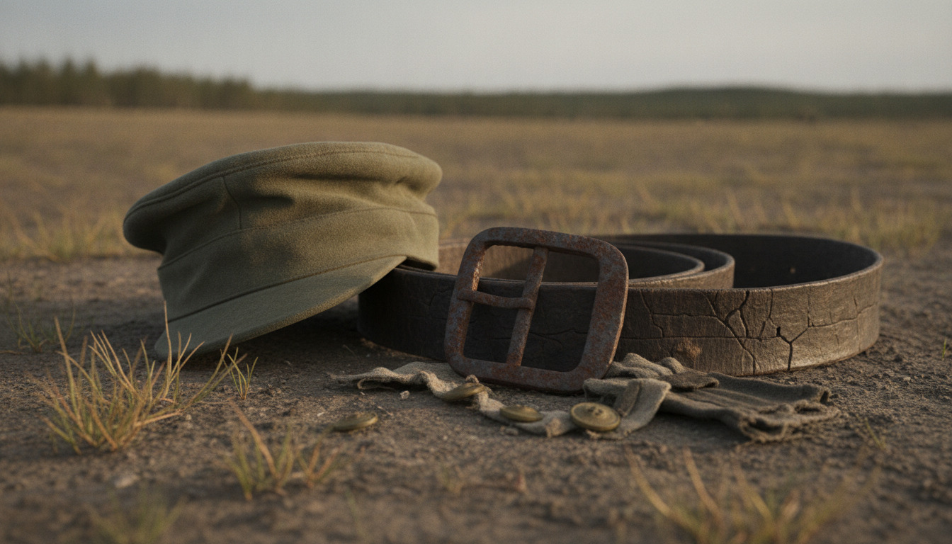 Nærbillede af gamle militærgenstande – kasket og læderbælte – på jordbund med rust og pletskygger.